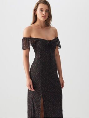 Ardene Black Floral Off Shoulder Midi Dress Ruched Slit Size XS Romantic